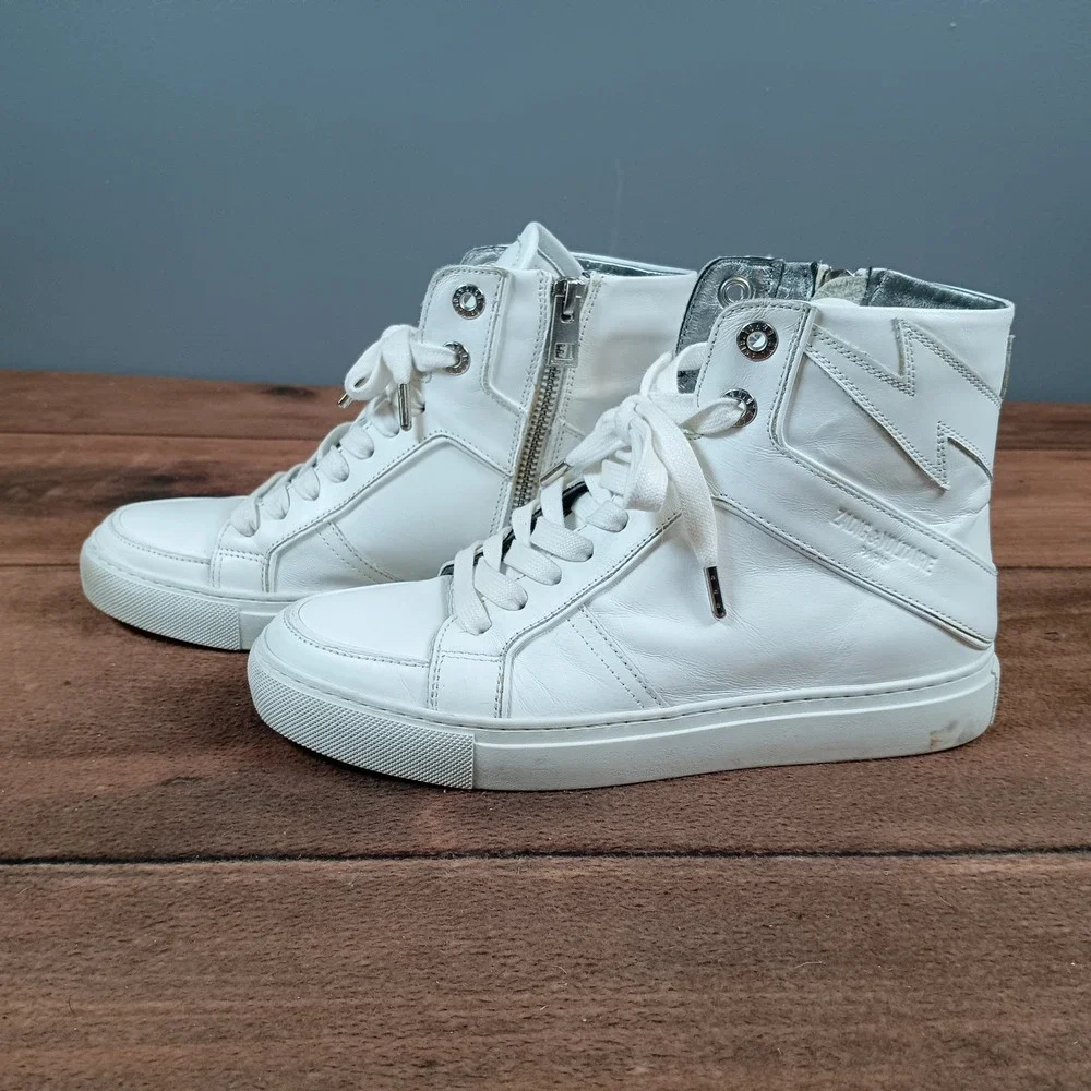 Zadig & Voltaire Paris White Leather High Top Sneakers Zip Lightning Bolt size37